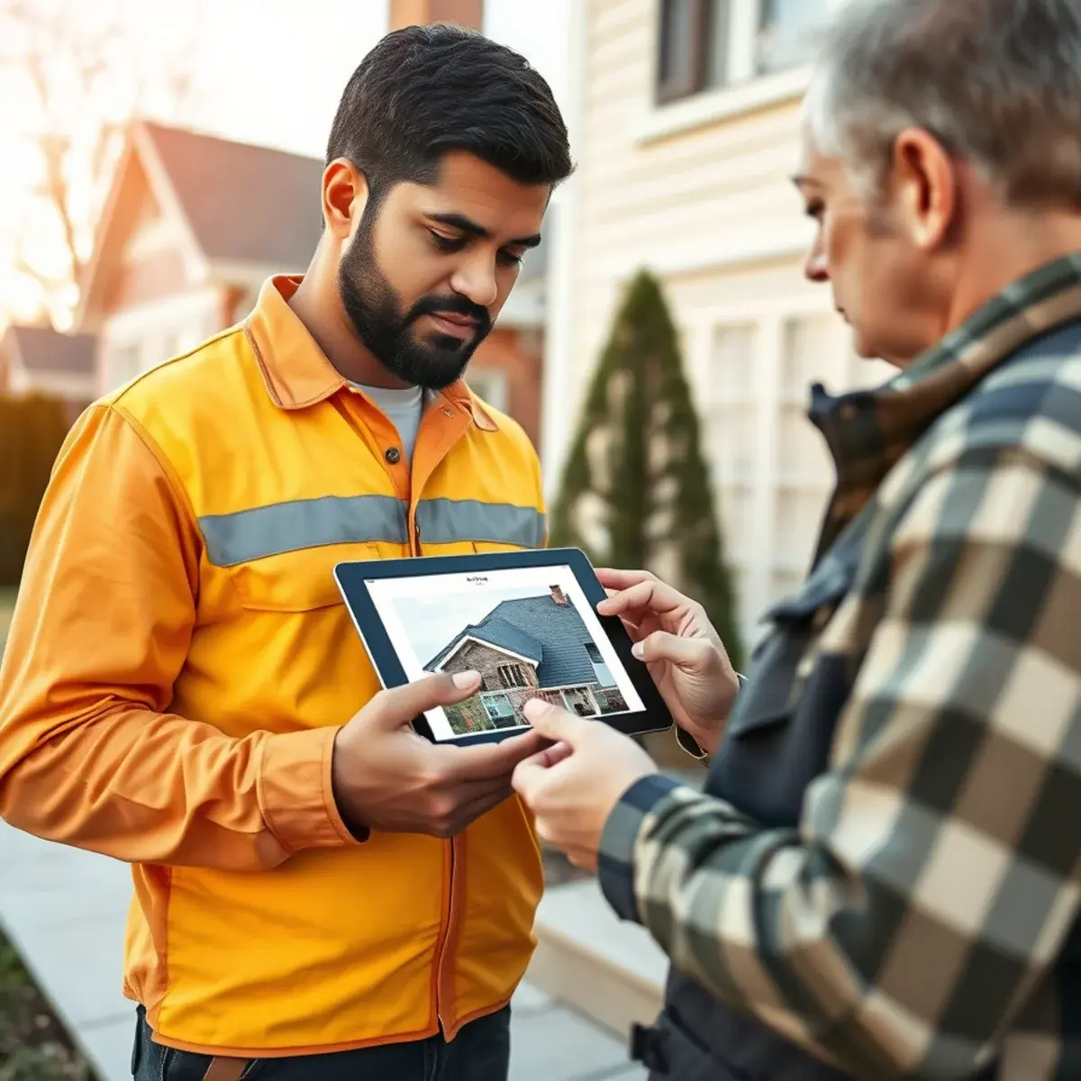Juan Cuenca showing roof inspection photos to a New York homeowner