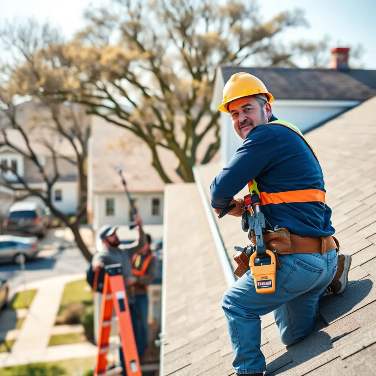 Roofing contractor working on a home in Center Moriches, NY