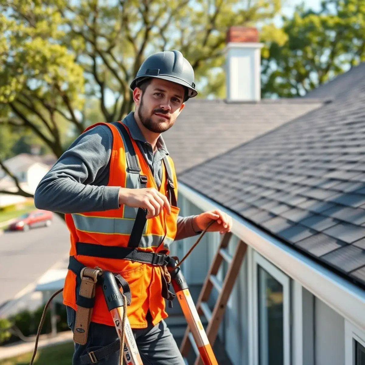 Roofing contractor working on a home in Islandia, NY