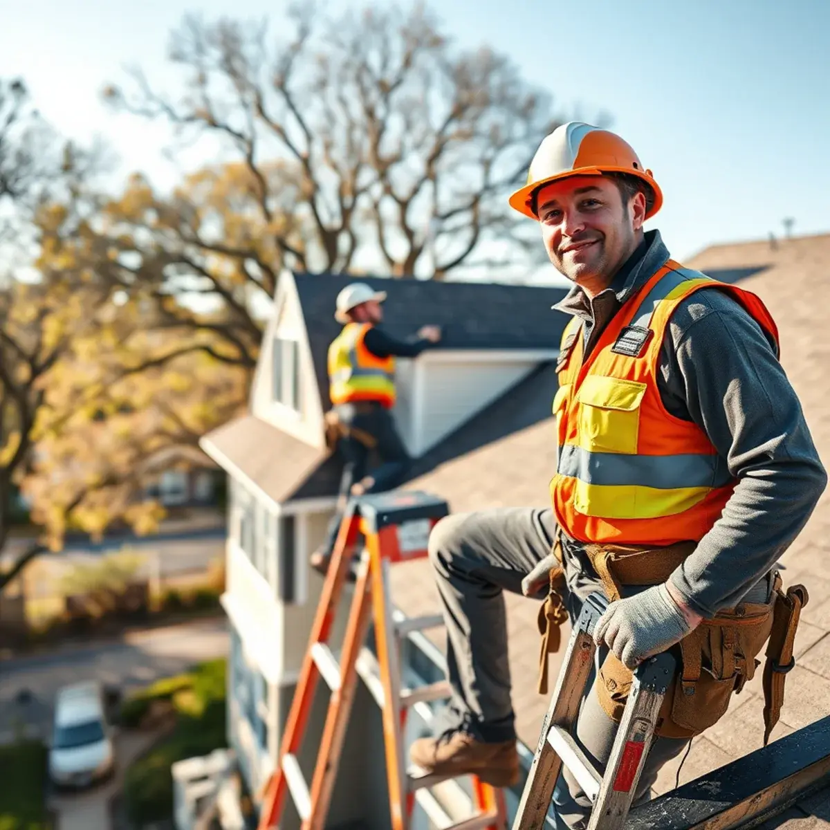 Roofing contractor working on a home in Locust Valley, NY