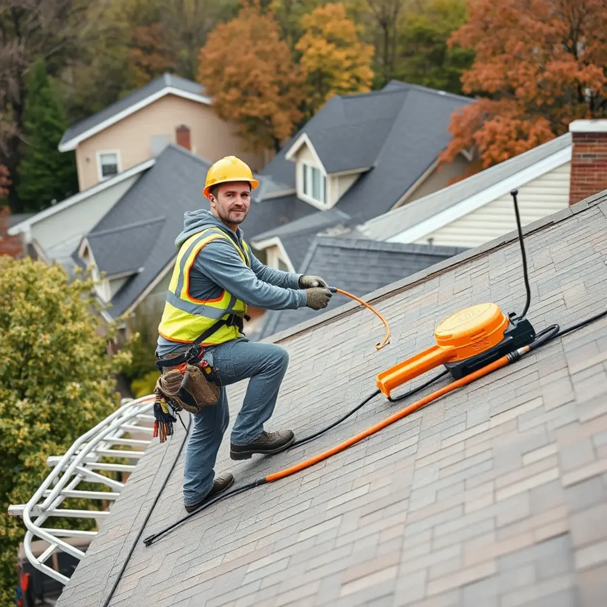 Roofing contractor working on a home in New York County, NY