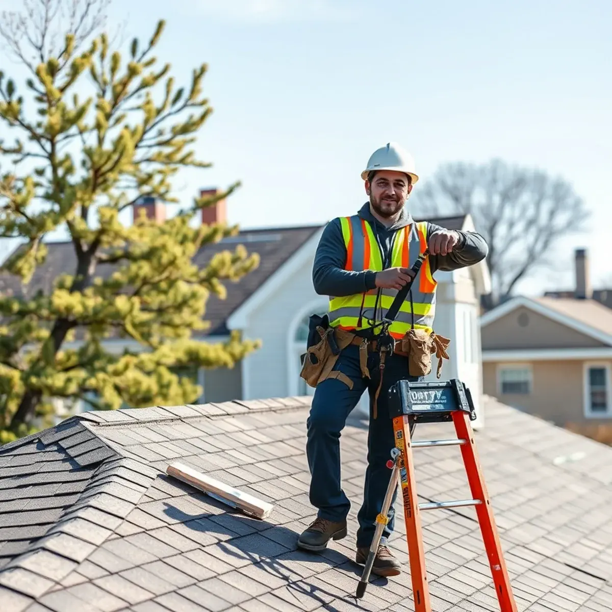 Roofing contractor working on a home in Oakdale, NY