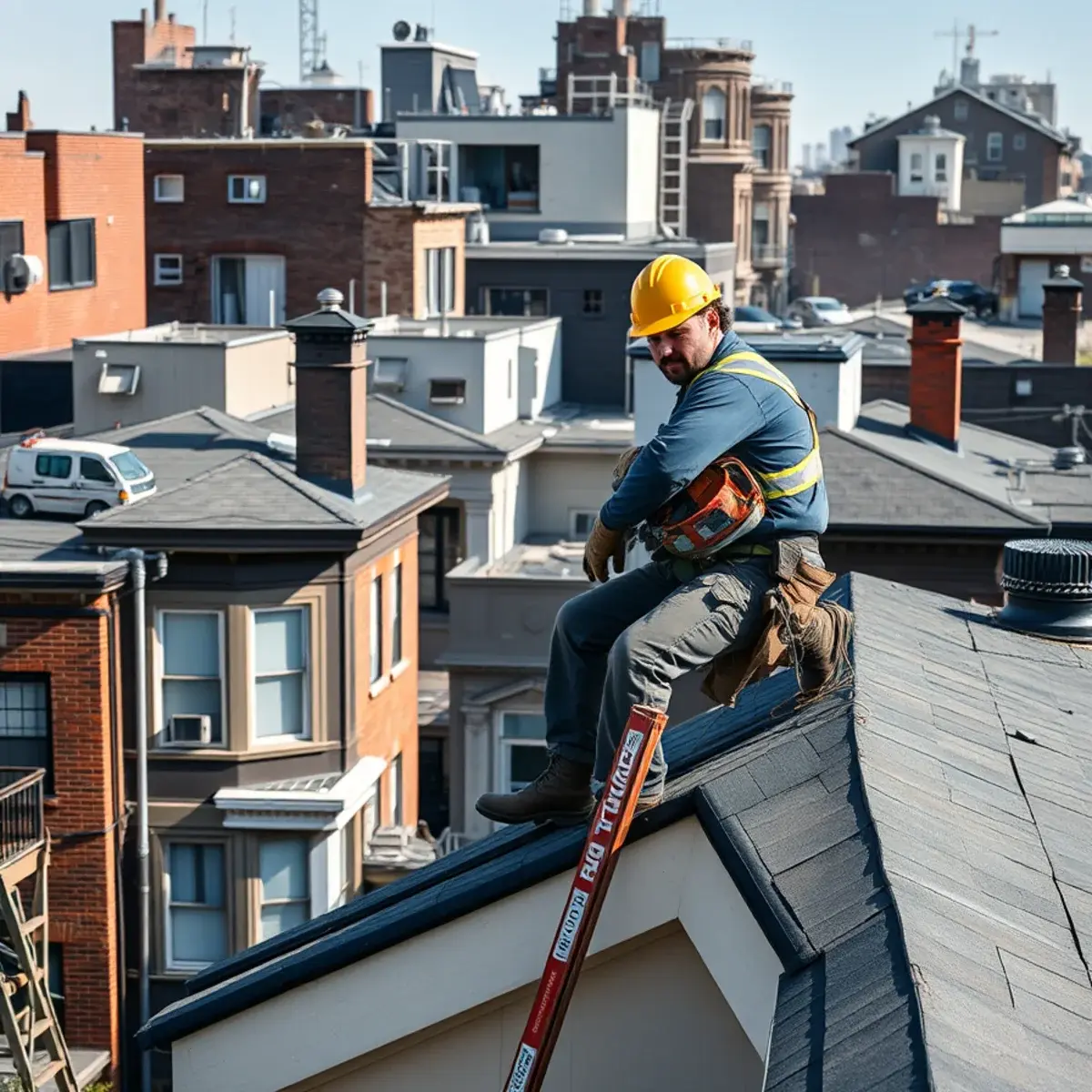 Roofing contractor working on a home in Park Slope, NY