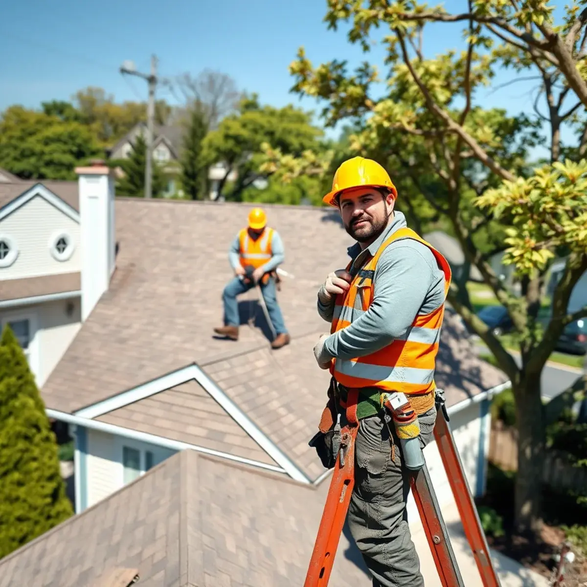 Roofing contractor working on a home in Syosset, NY