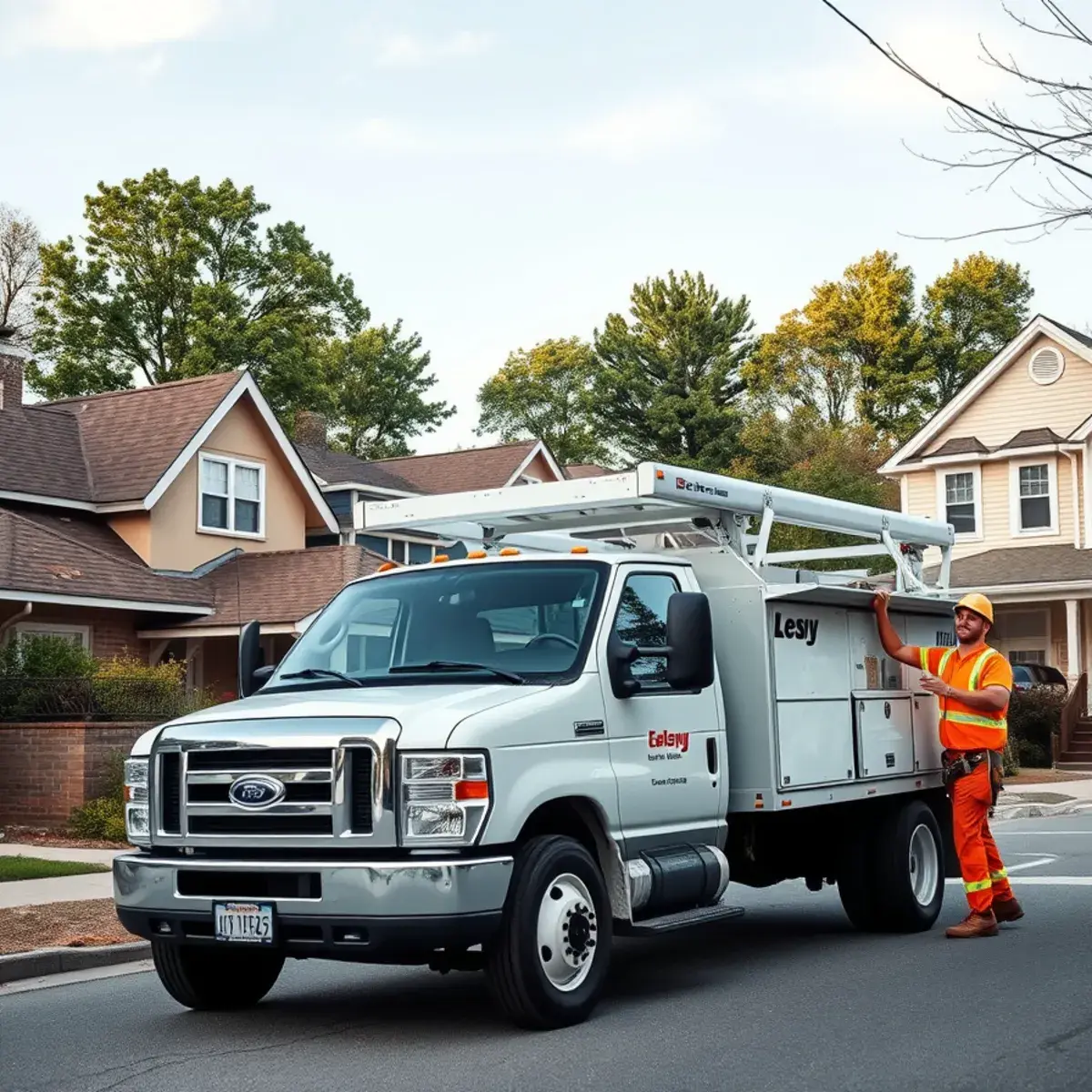 Roofing contractor vehicle in a New York residential service area