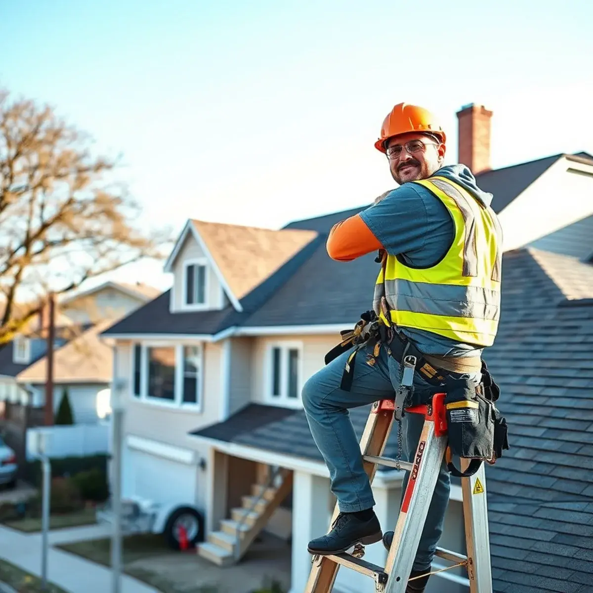 Roofing contractor working on a home in Amityville, NY