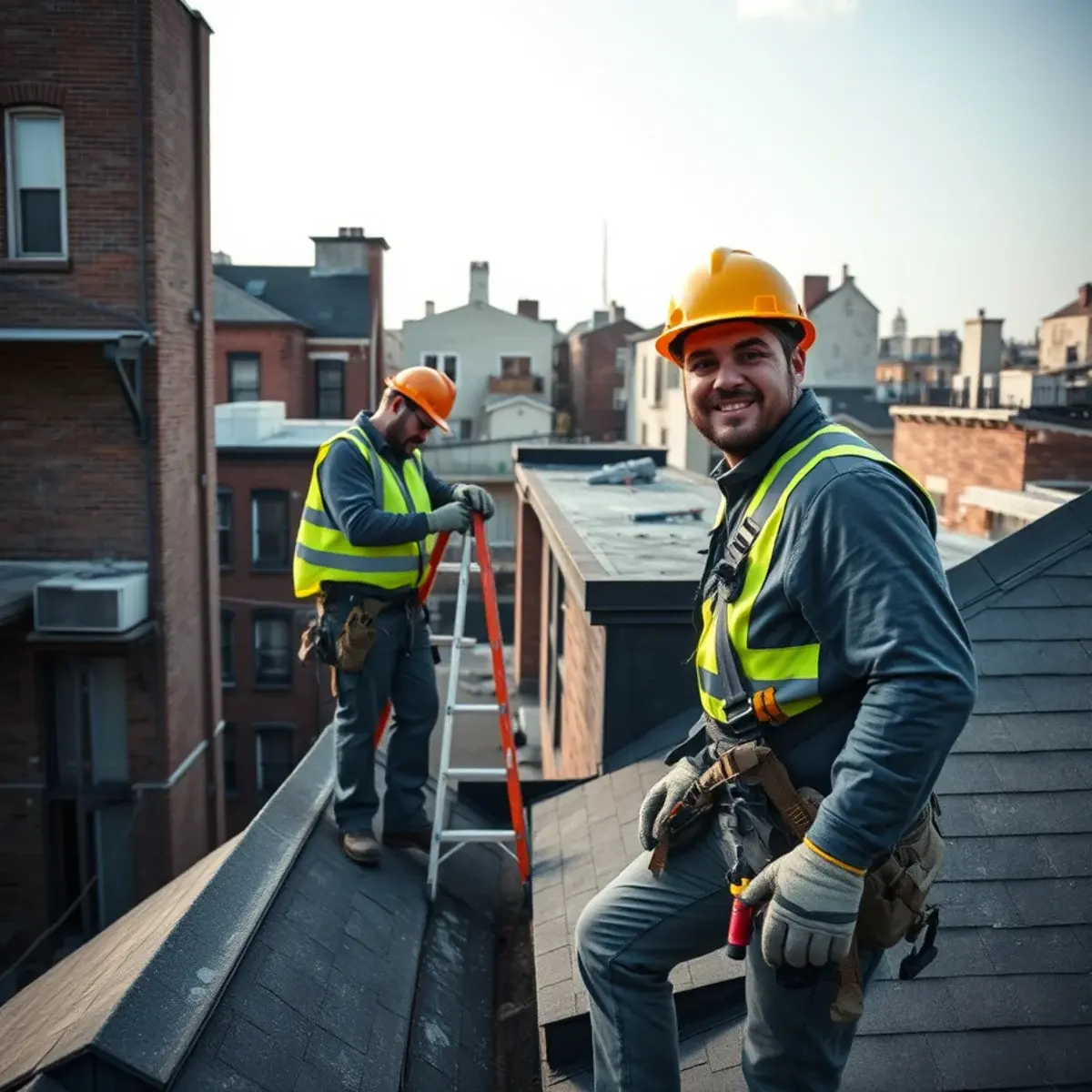 Roofing contractor working on a home in Bushwick, NY