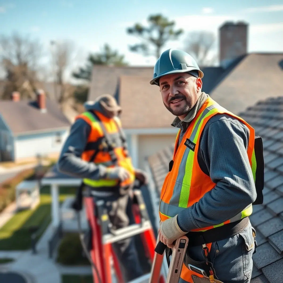 Roofing contractor working on a home in Commack, NY