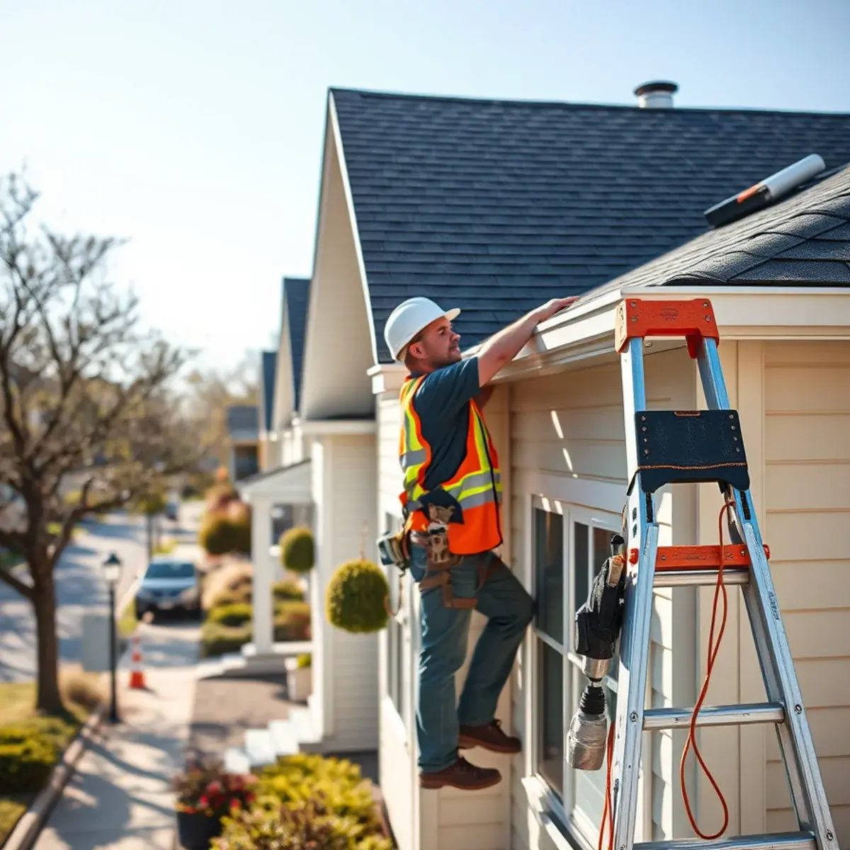 Roofing contractor working on a home in Copiague, NY