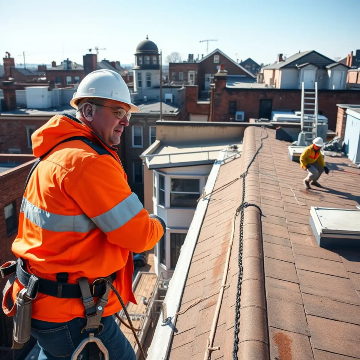 Roofing contractor working on a home in East New York, NY