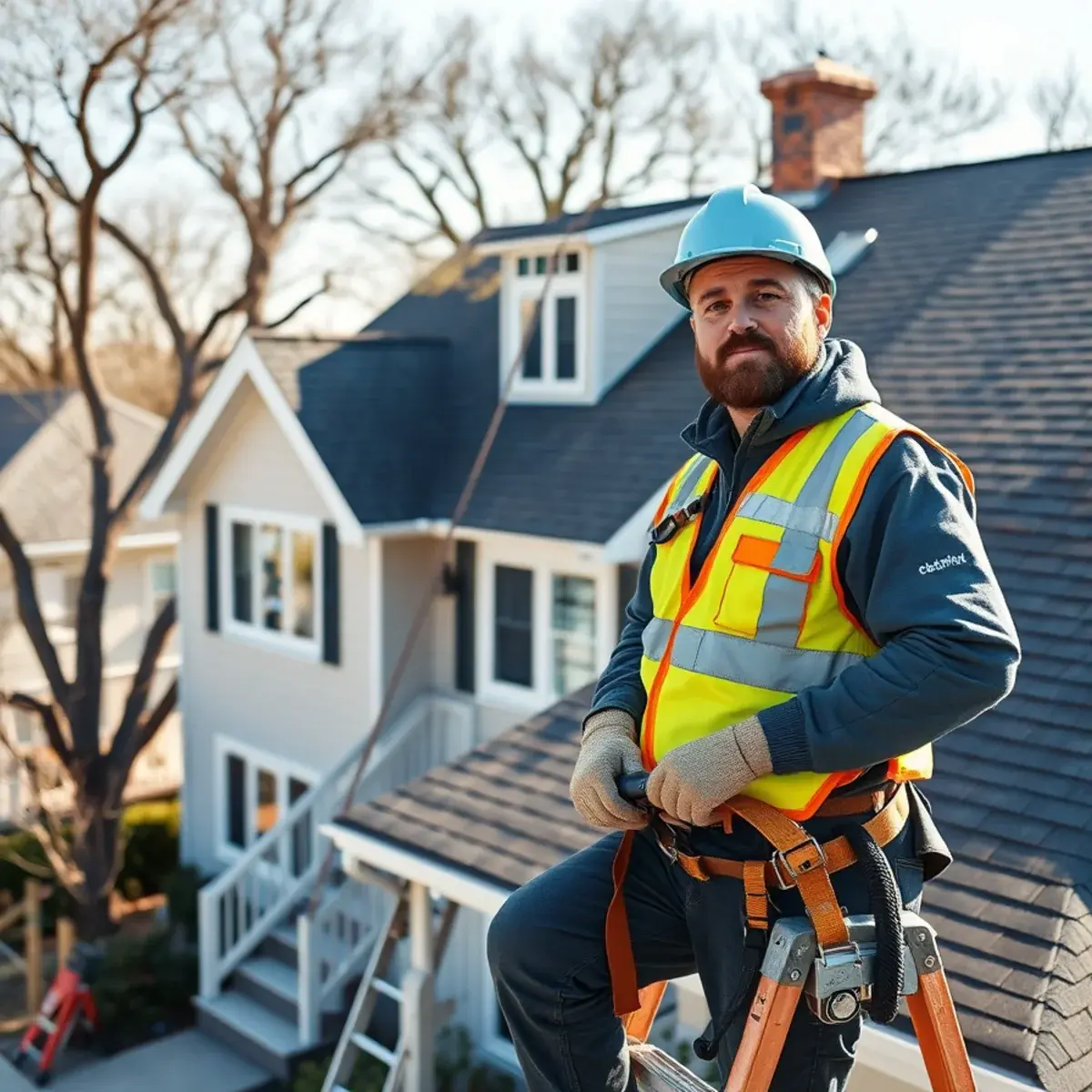 Roofing contractor working on a home in East Northport, NY