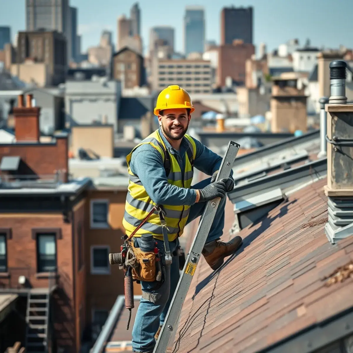 Roofing contractor working on a home in East Village, NY