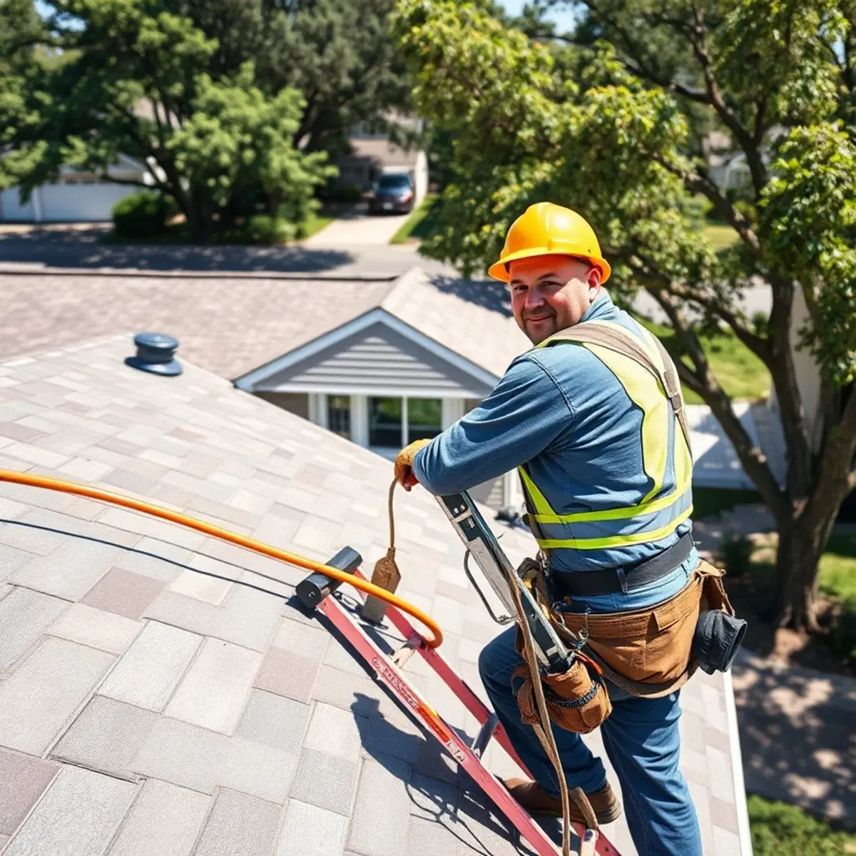 Roofing contractor working on a home in Farmingdale, NY