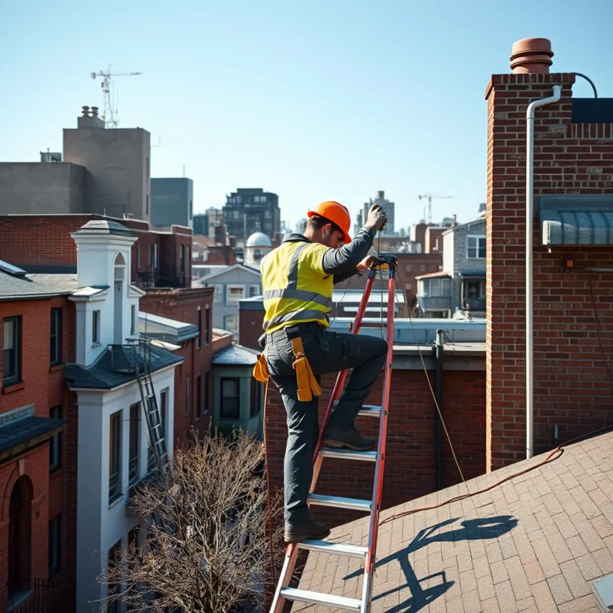 Roofing contractor working on a home in Fort Greene, NY