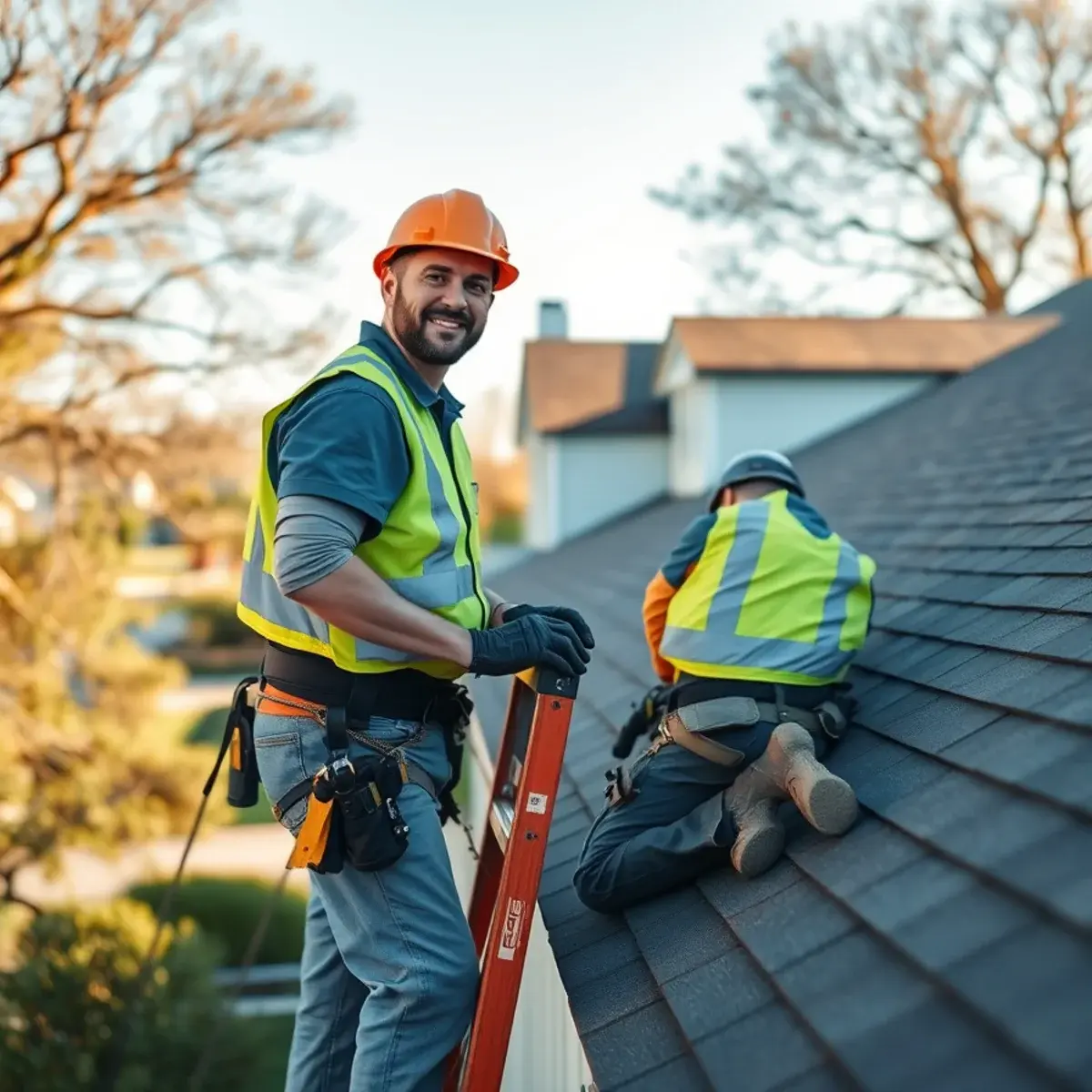 Roofing contractor working on a home in Glen Cove, NY