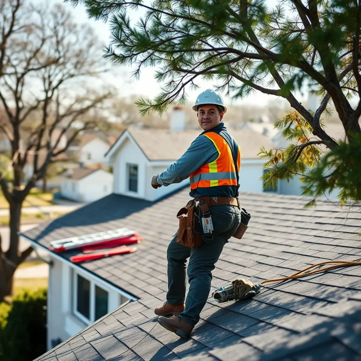Roofing contractor working on a home in Greenlawn, NY