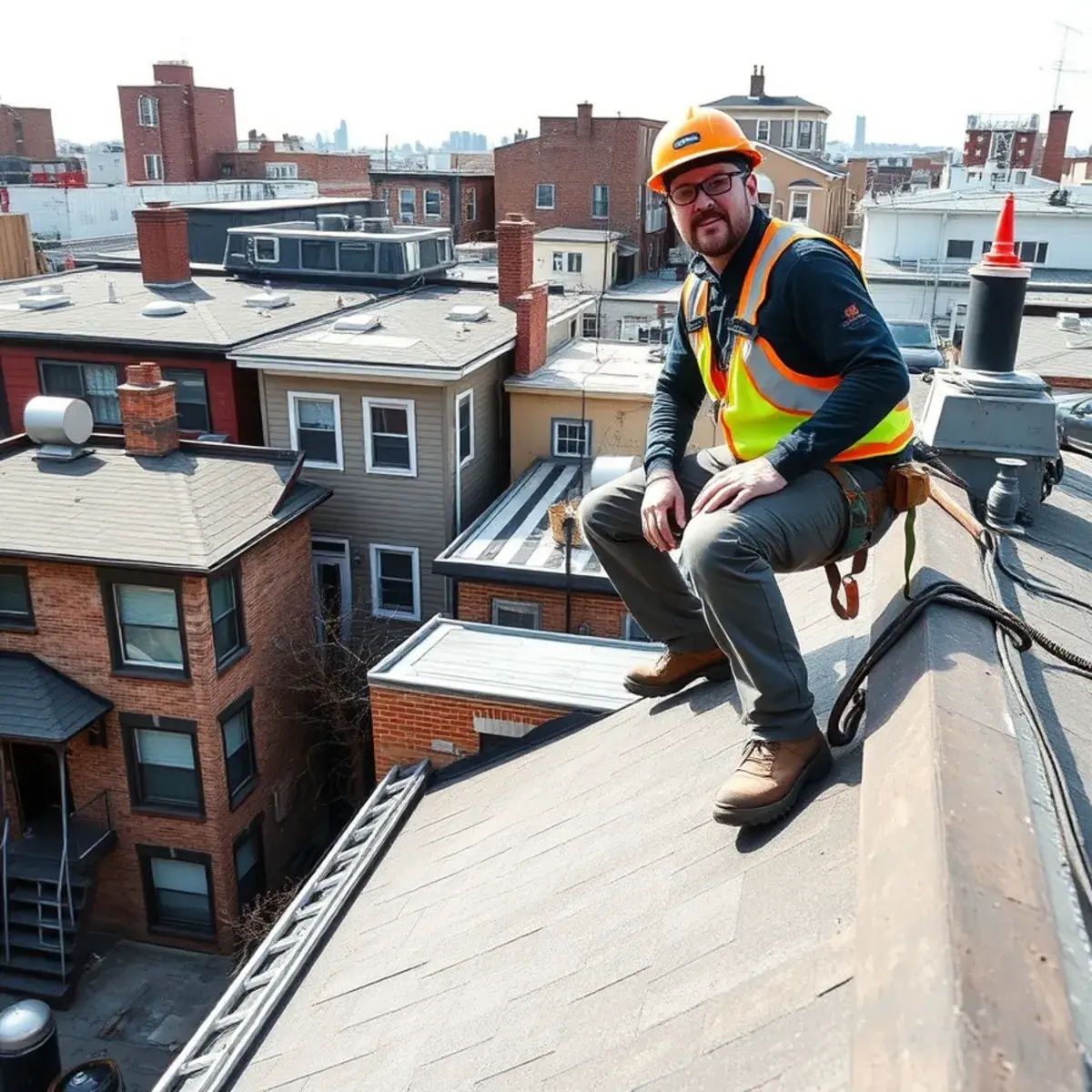 Roofing contractor working on a home in Greenpoint, NY
