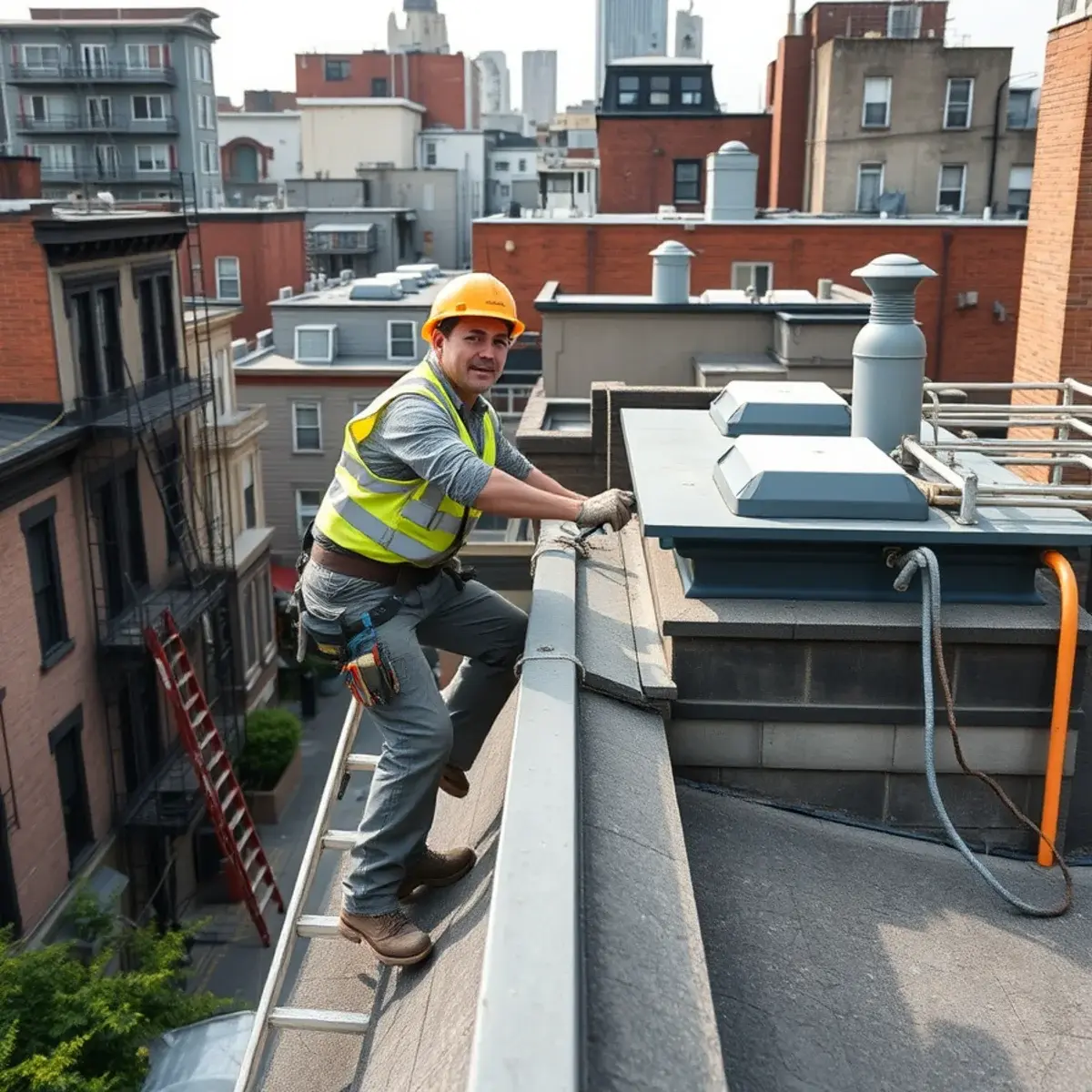 Roofing contractor working on a home in Greenwich Village, NY