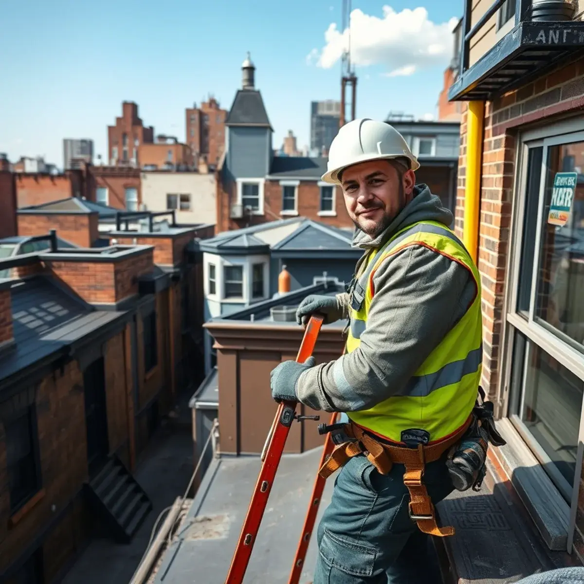 Roofing contractor working on a home in Hell's Kitchen, NY