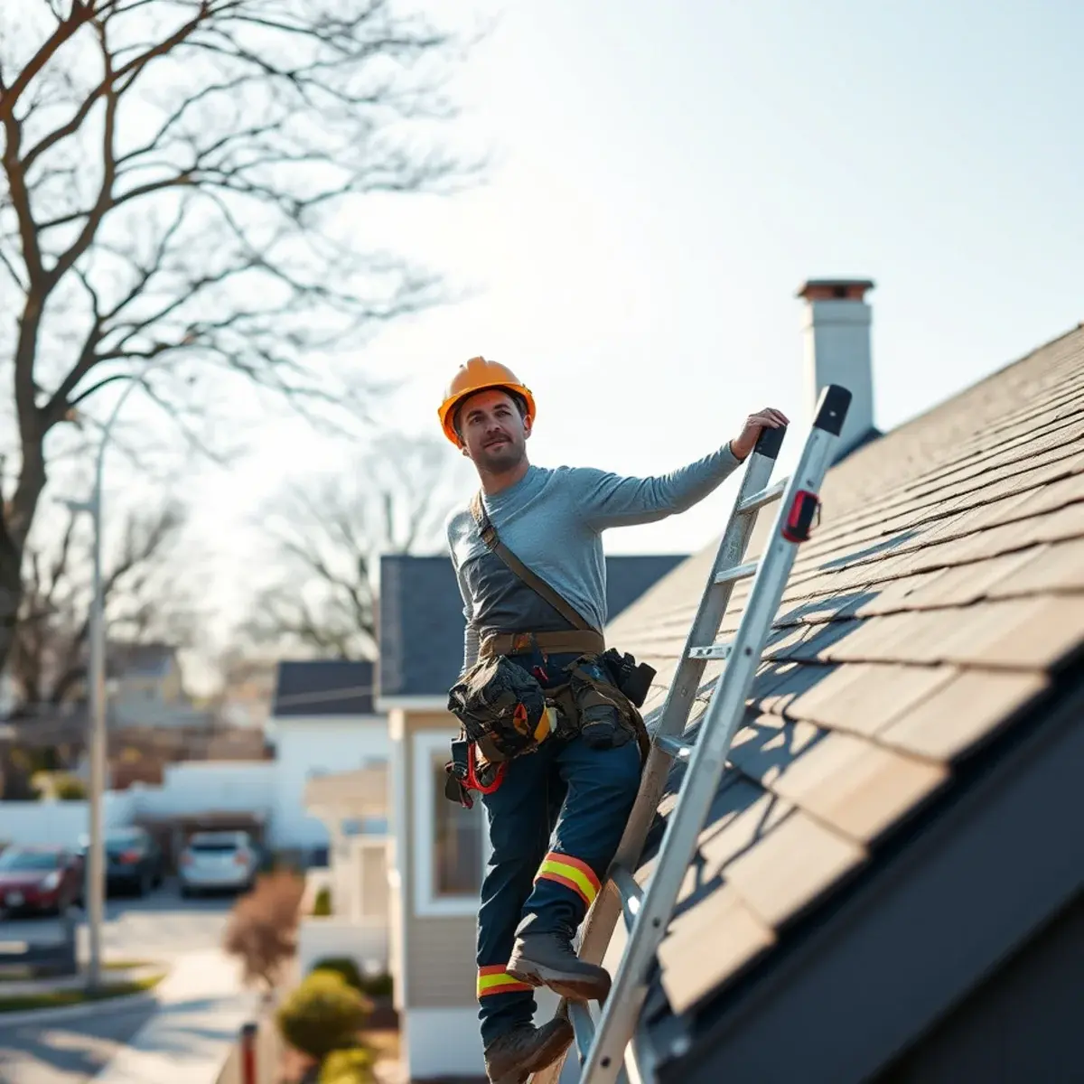 Roofing contractor working on a home in Holbrook, NY