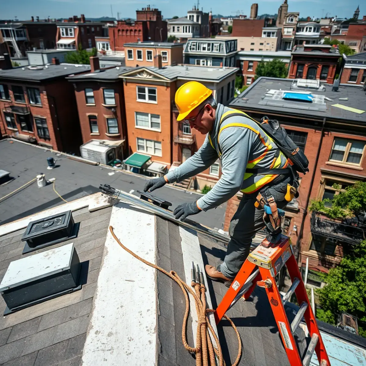Roofing contractor working on a home in Inwood, NY