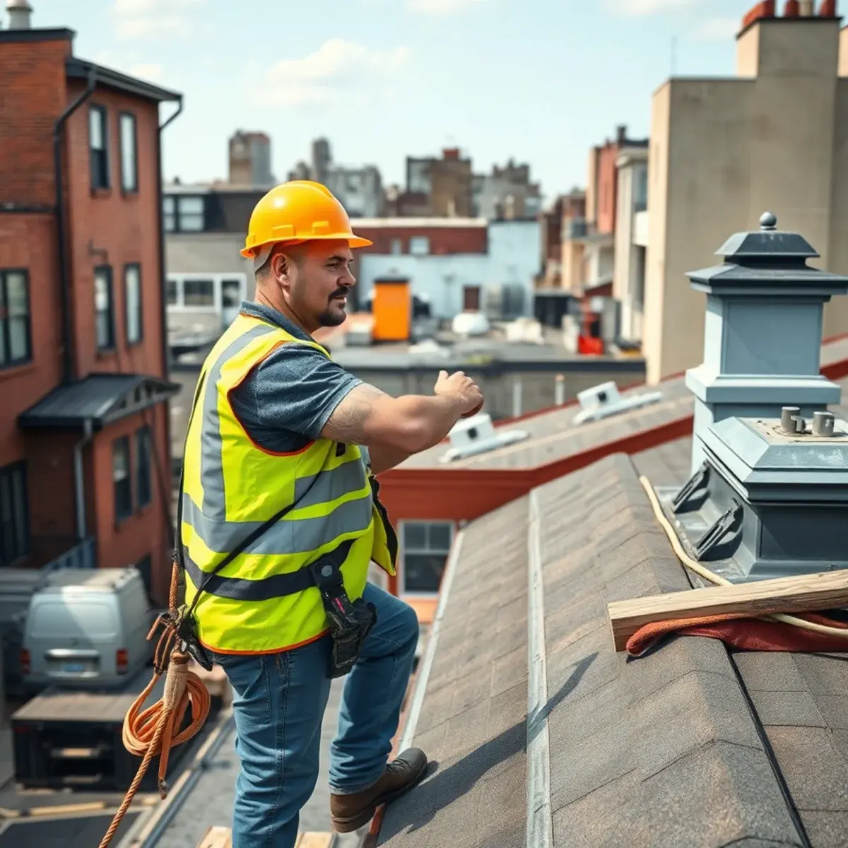 Roofing contractor working on a home in Jackson Heights, NY
