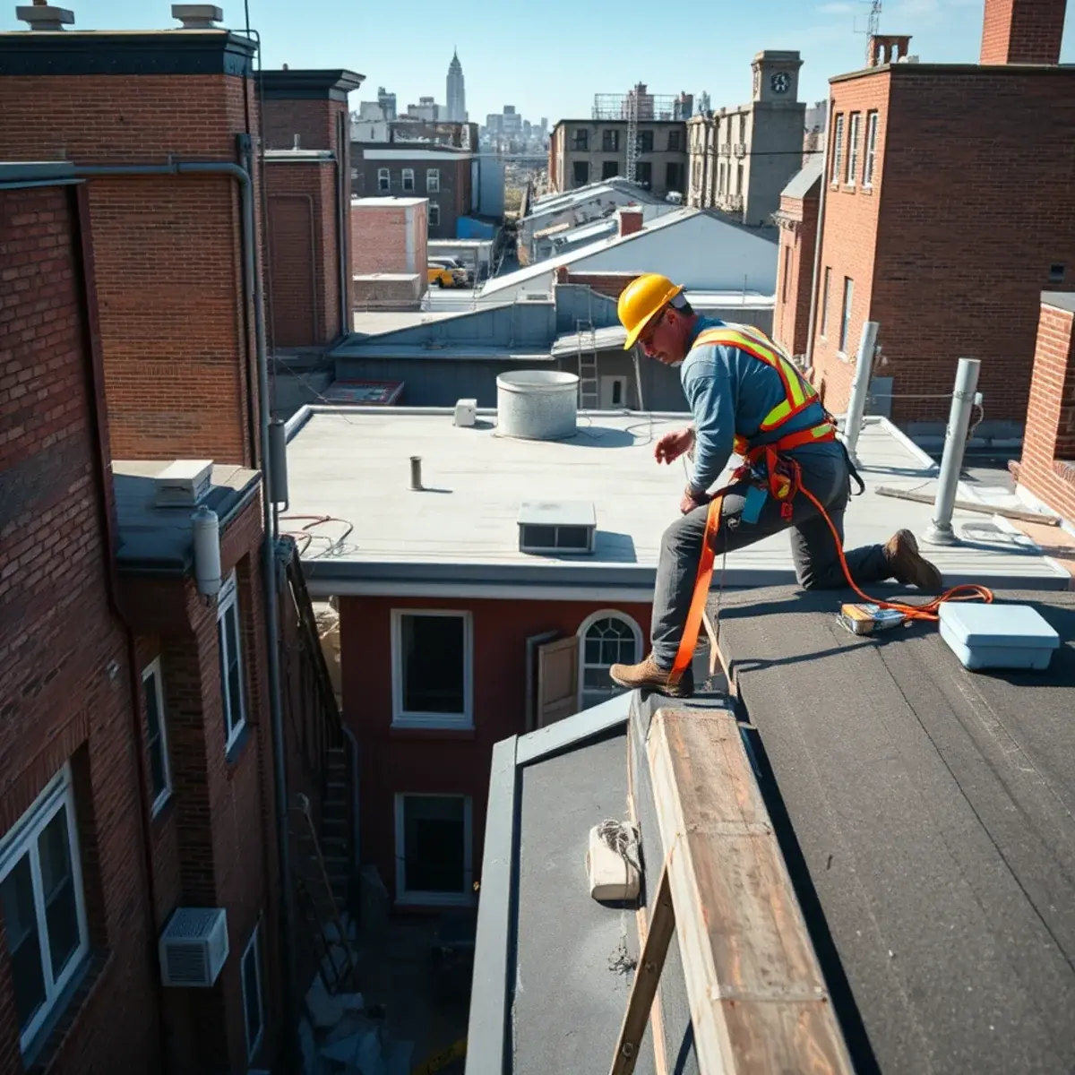 Roofing contractor working on a home in Long Island City, NY