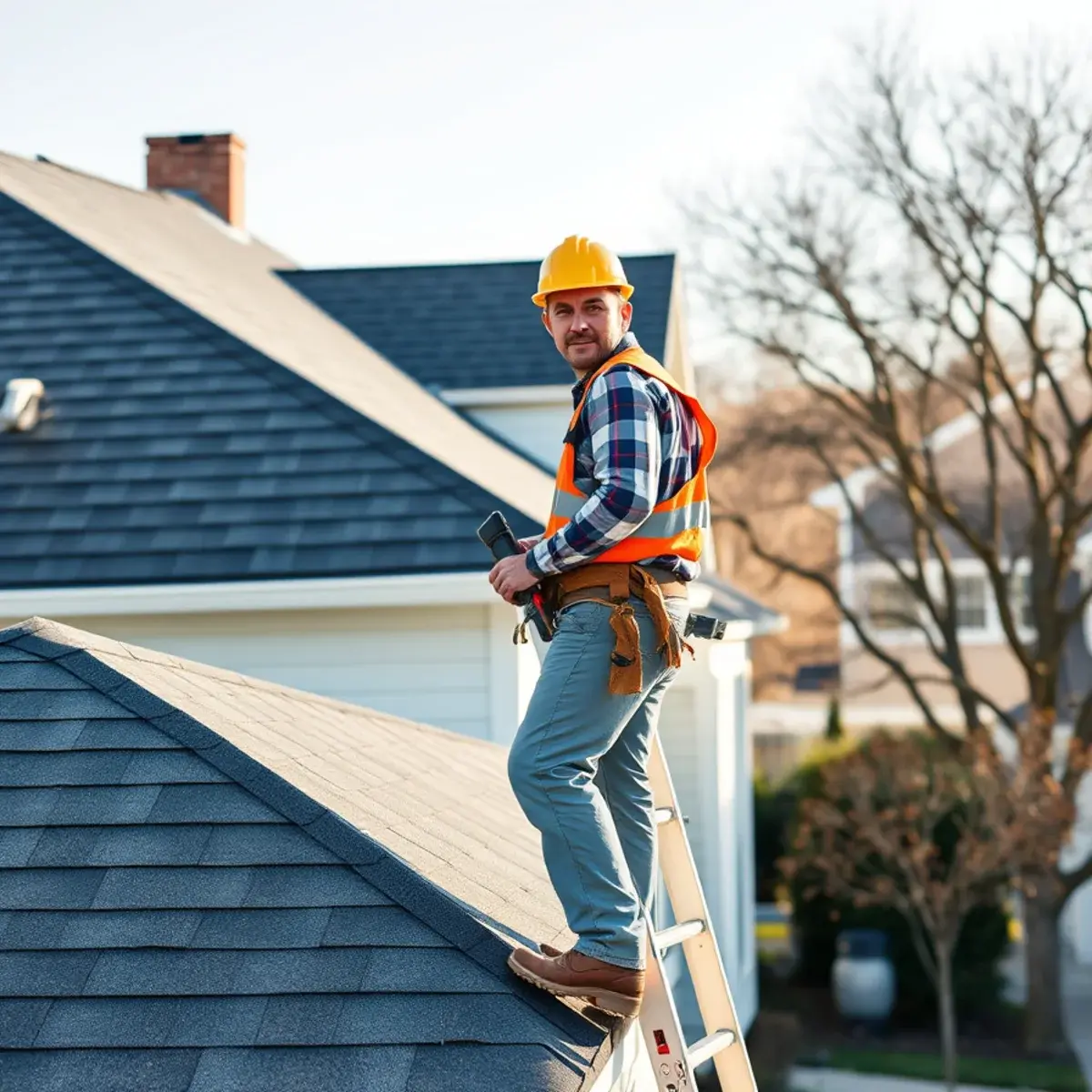 Roofing contractor working on a home in Massapequa Park, NY