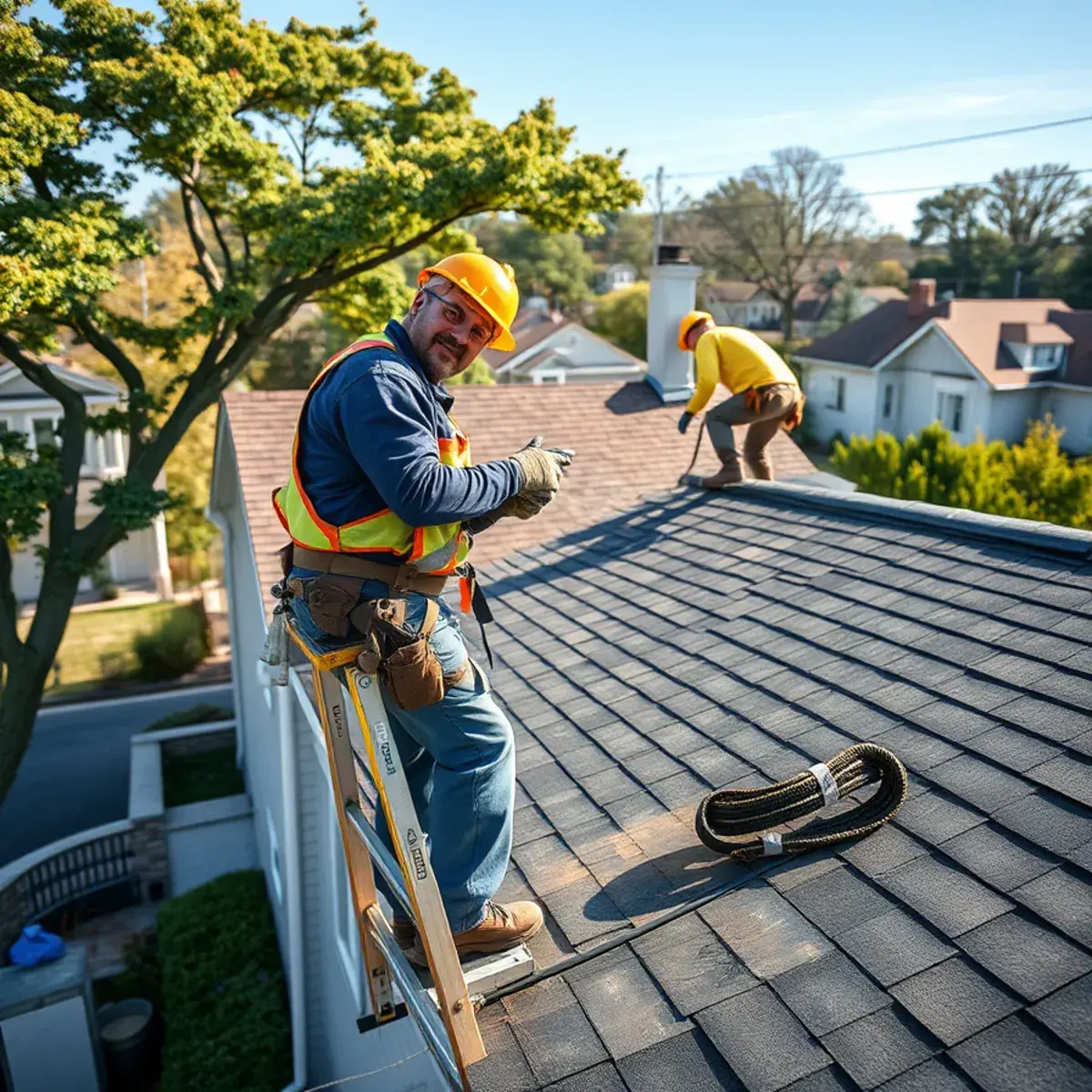 Roofing contractor working on a home in Mineola, NY