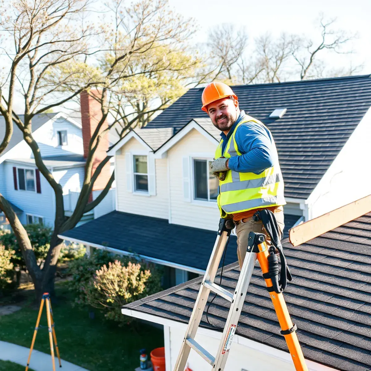 Roofing contractor working on a home in Nassau County, NY