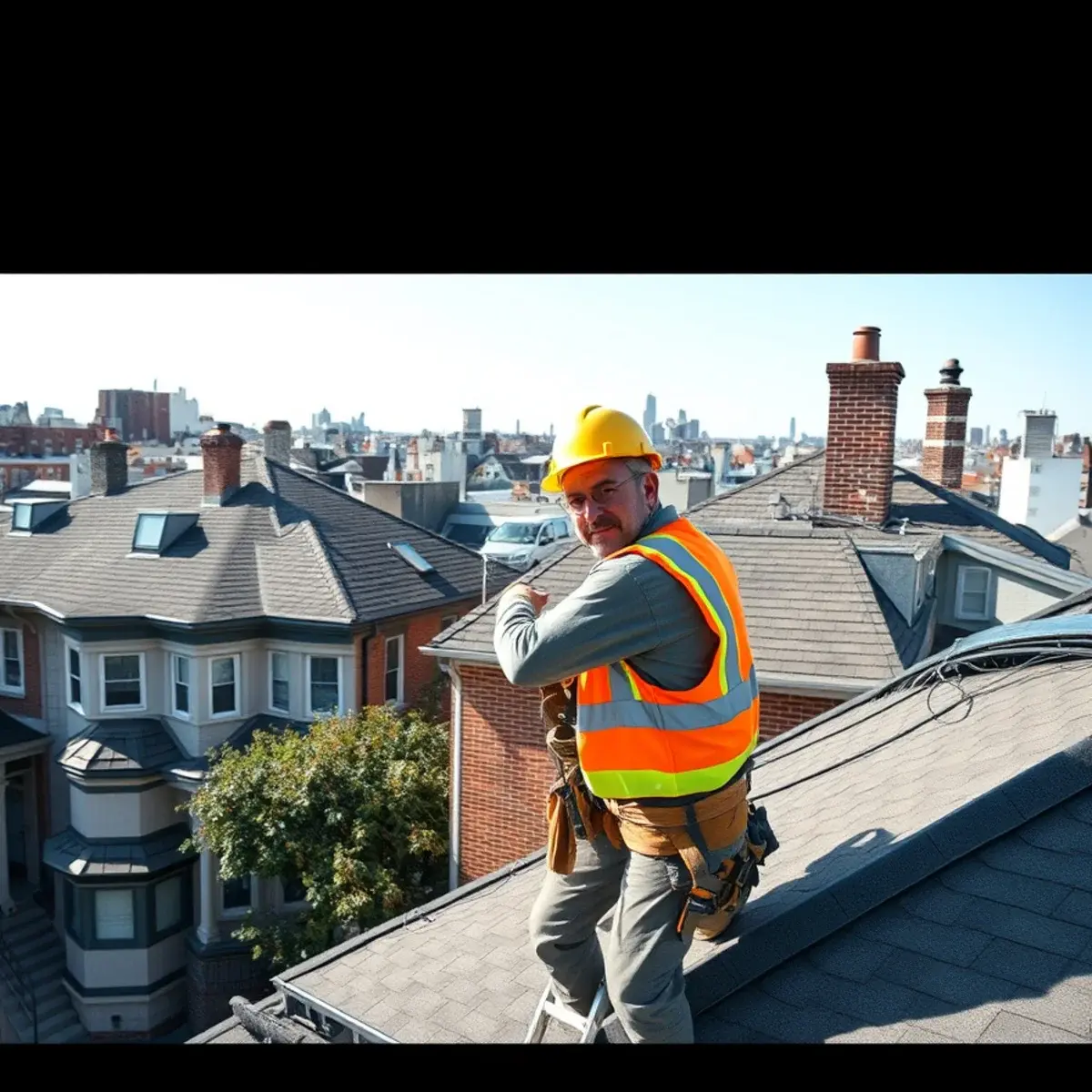 Roofing contractor working on a home in Oakwood, NY