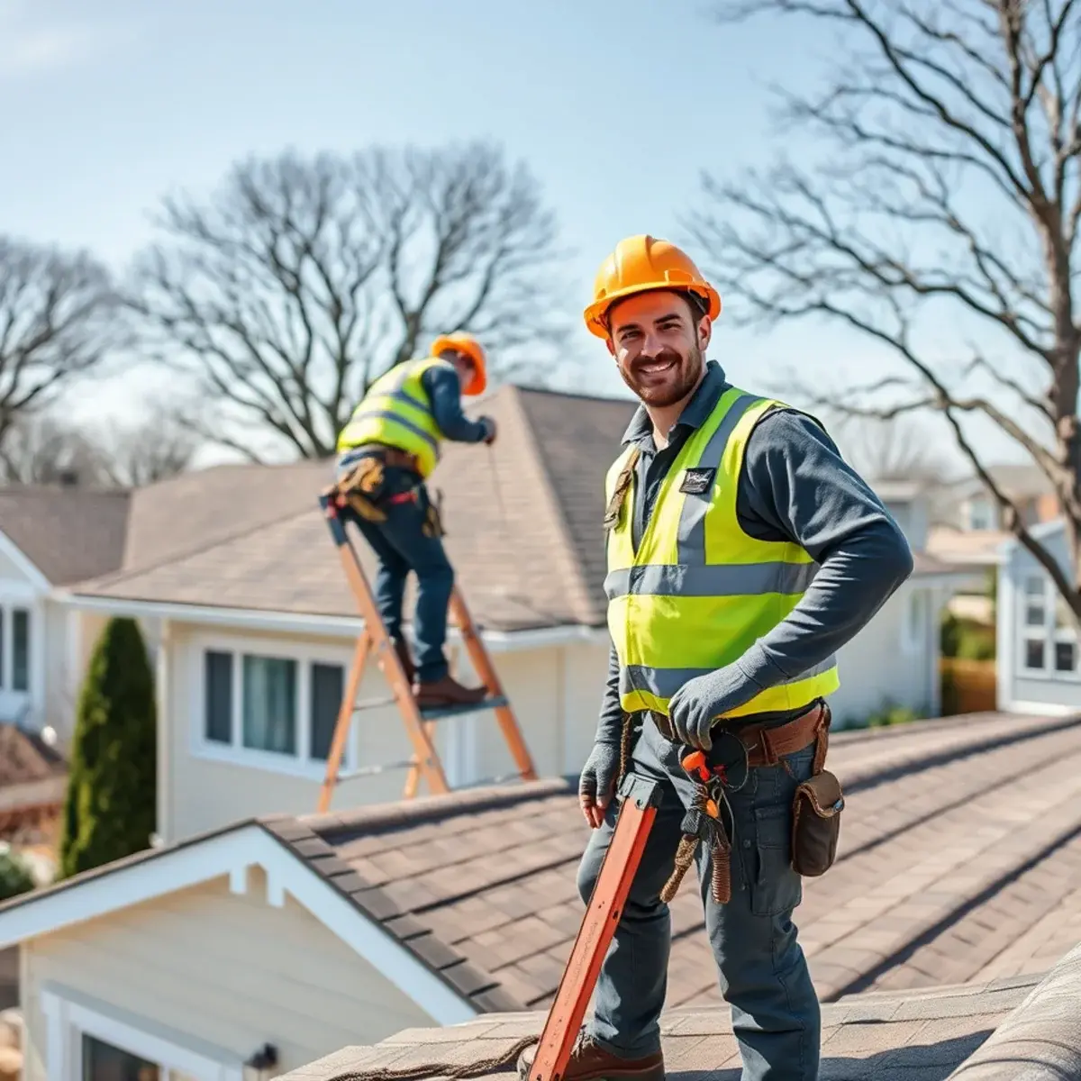 Roofing contractor working on a home in Patchogue, NY