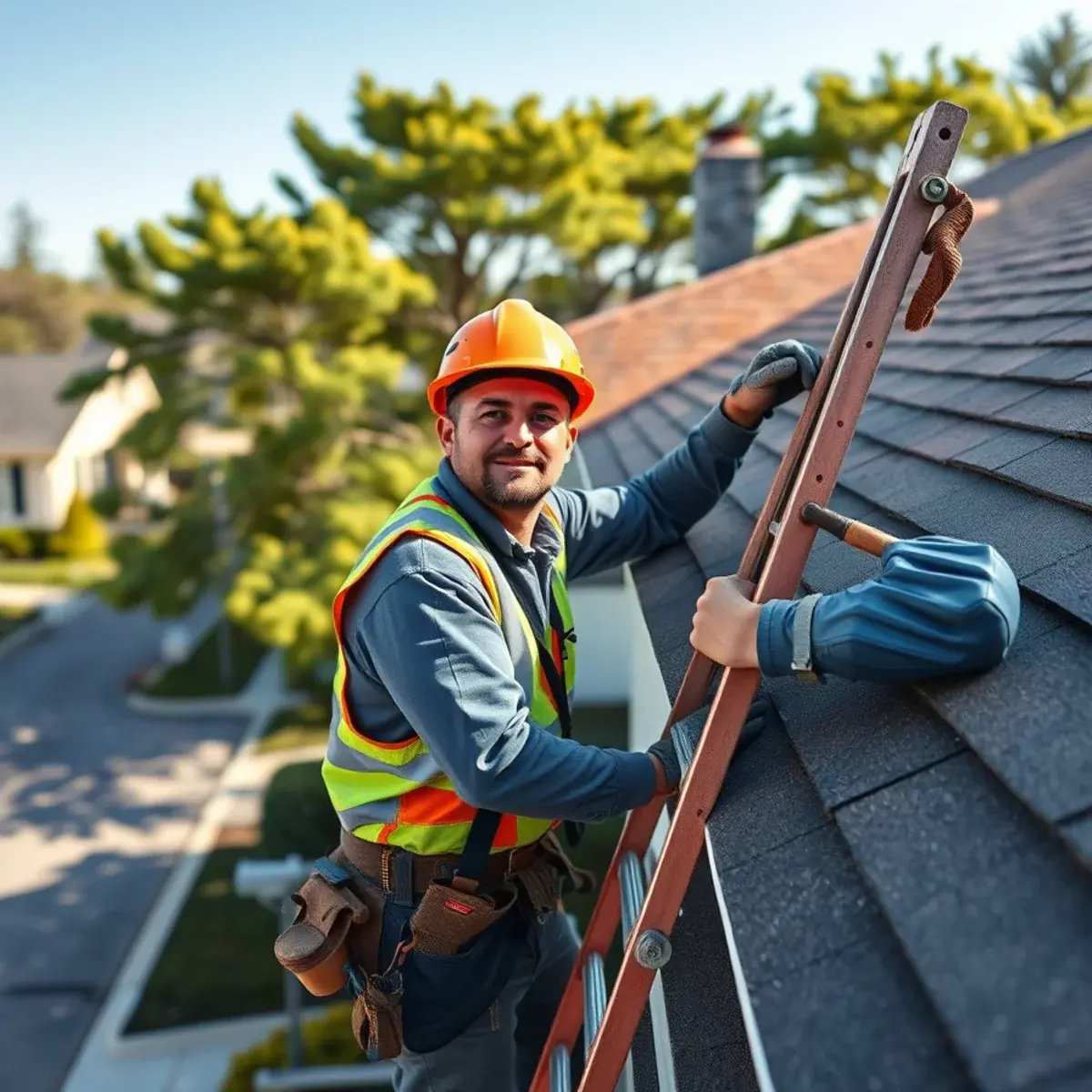 Roofing contractor working on a home in Port Jefferson Station, NY