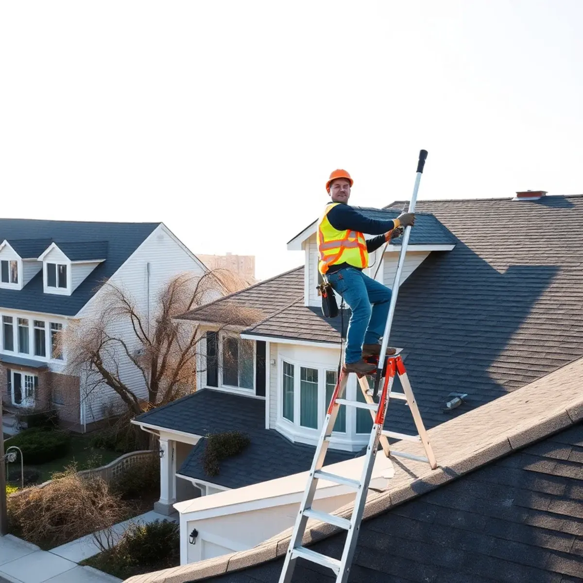 Roofing contractor working on a home in Port Washington, NY