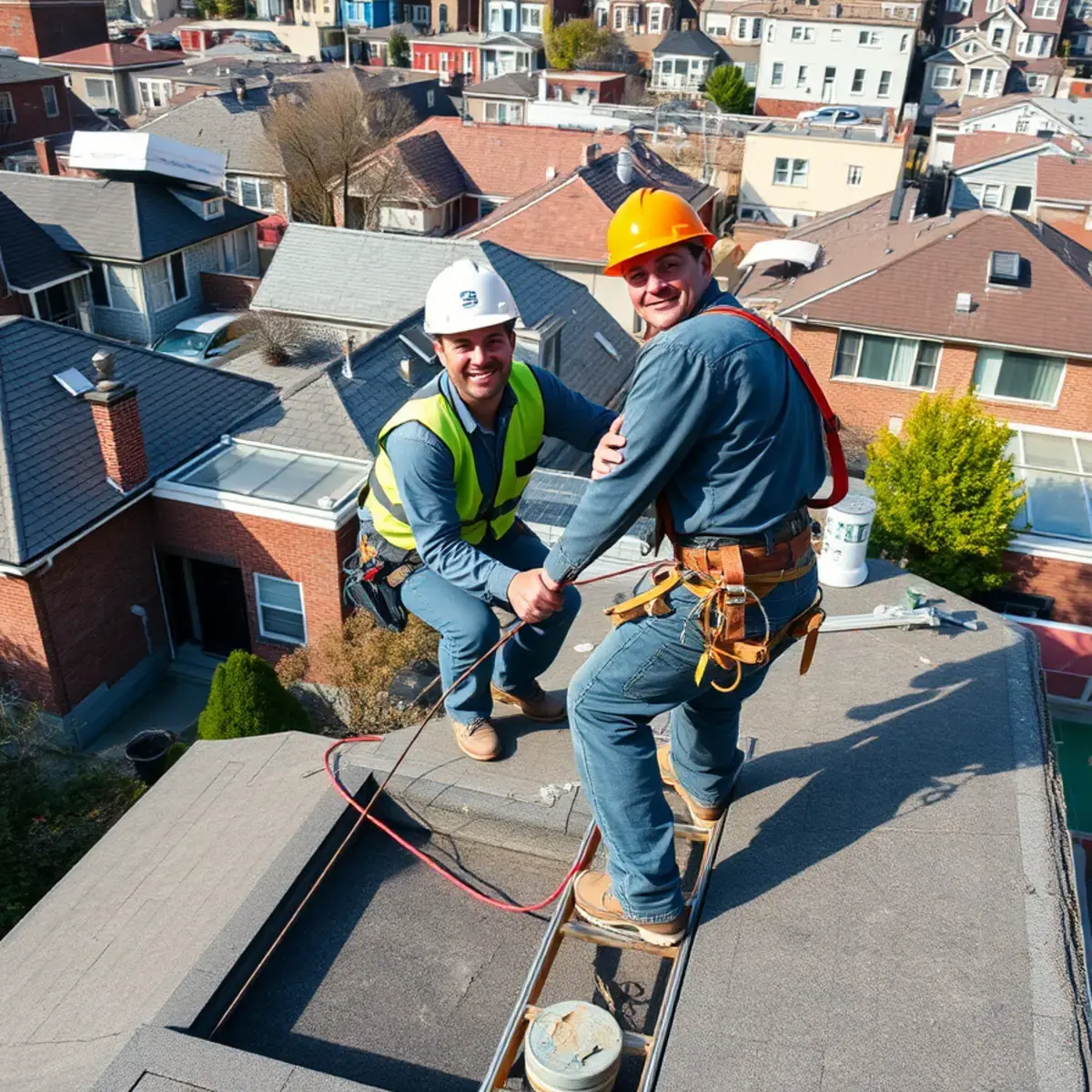 Roofing contractor working on a home in Rego Park, NY