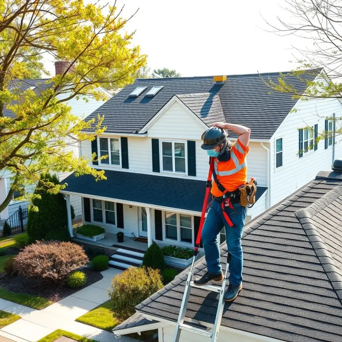 Roofing contractor working on a home in Selden, NY