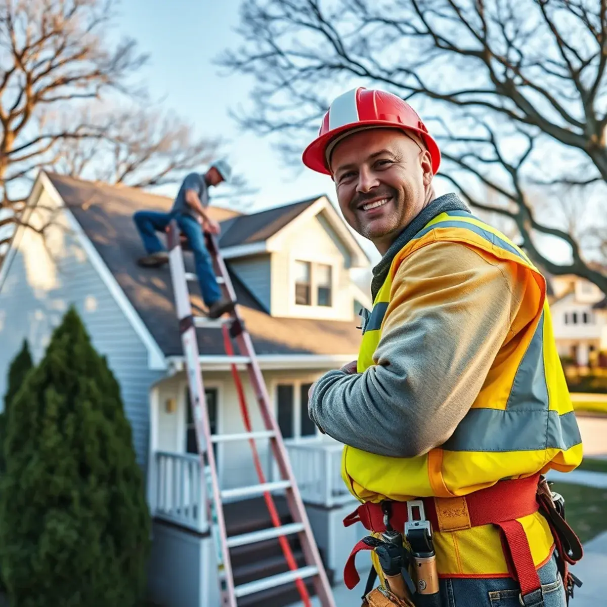 Roofing contractor working on a home in Setauket, NY