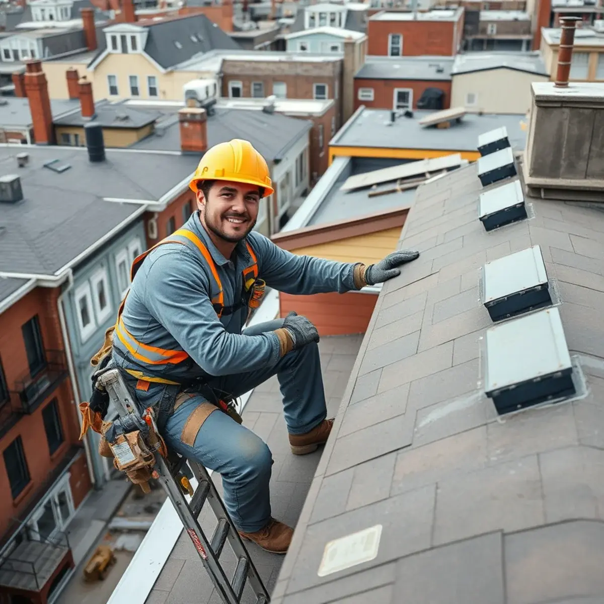 Roofing contractor working on a home in St. George, NY