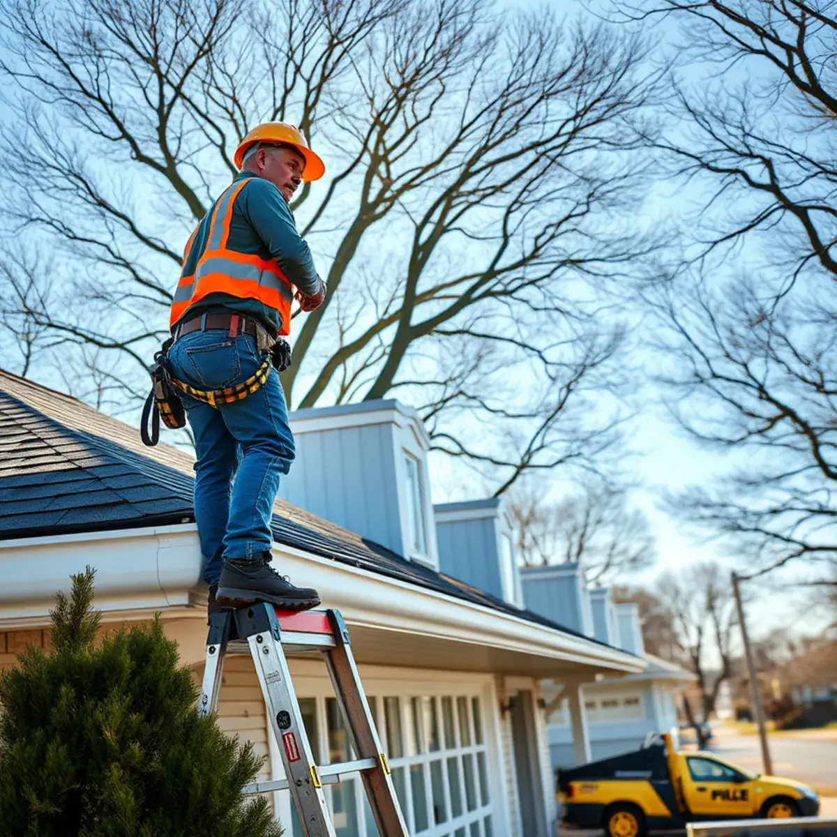 Roofing contractor working on a home in St. James, NY