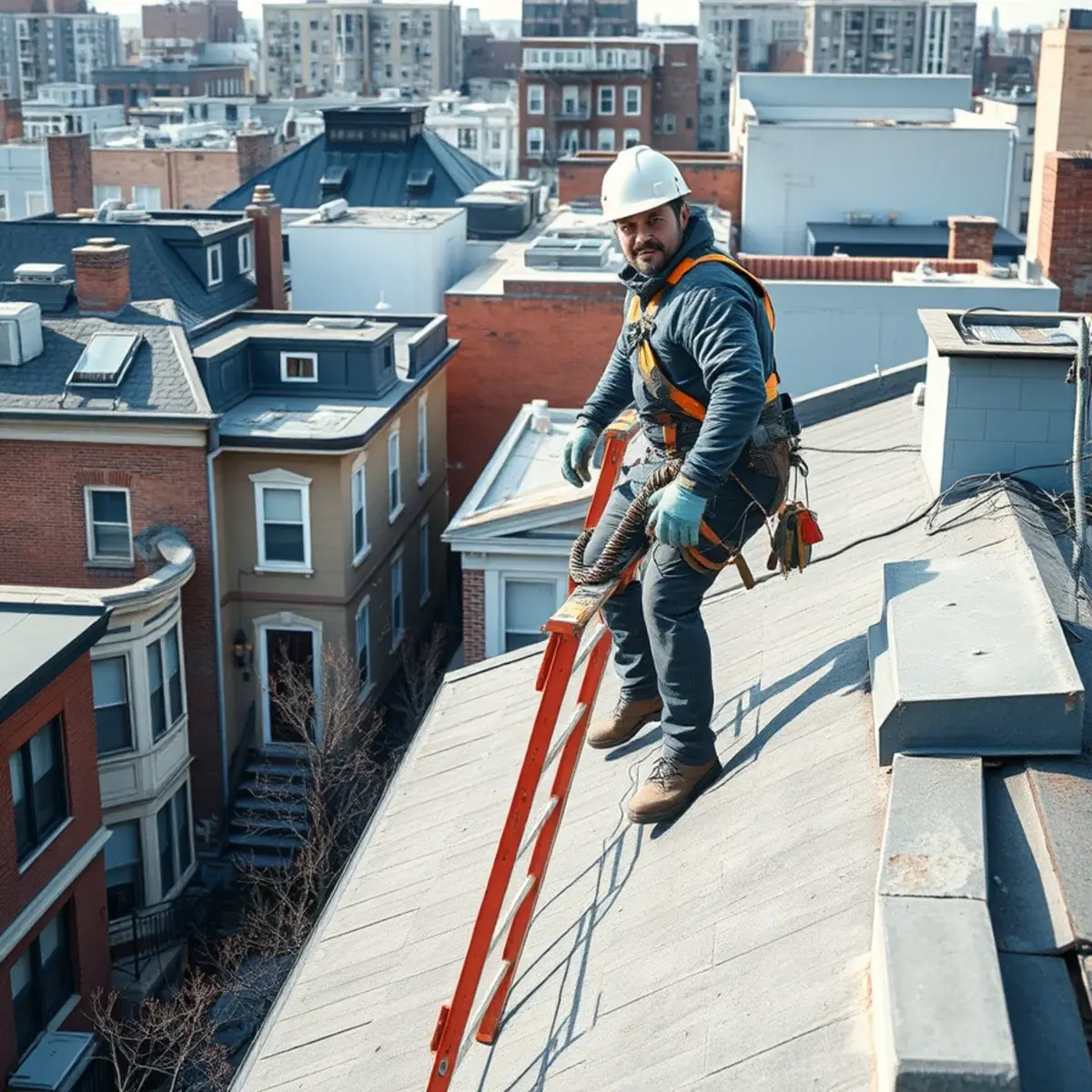 Roofing contractor working on a home in Stuyvesant Town, NY