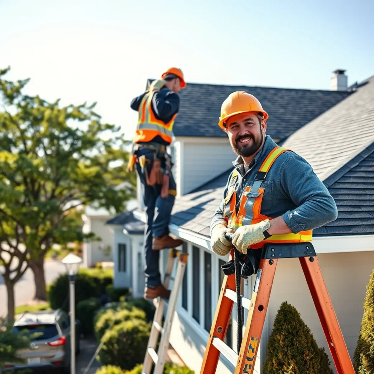 Roofing contractor working on a home in West Babylon, NY