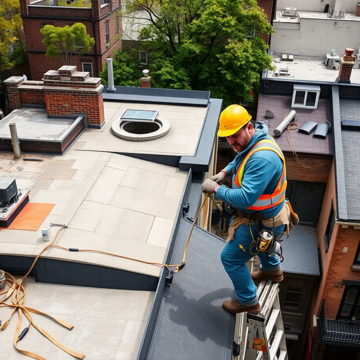 Roofing contractor working on a home in West Village, NY