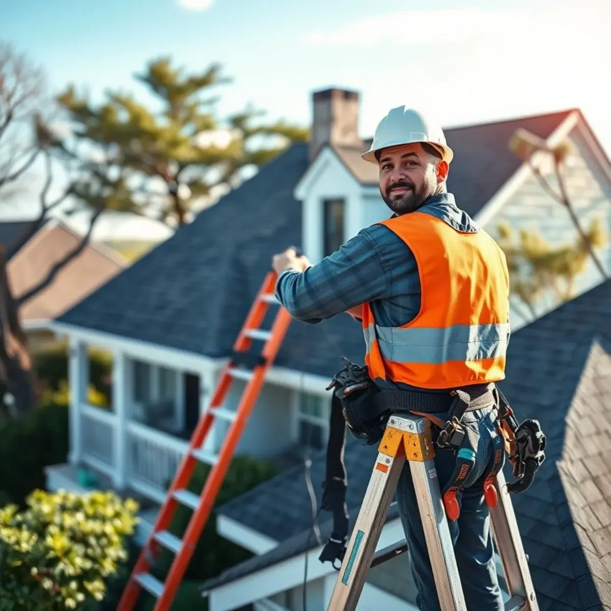 Roofing contractor working on a home in Westhampton Beach, NY