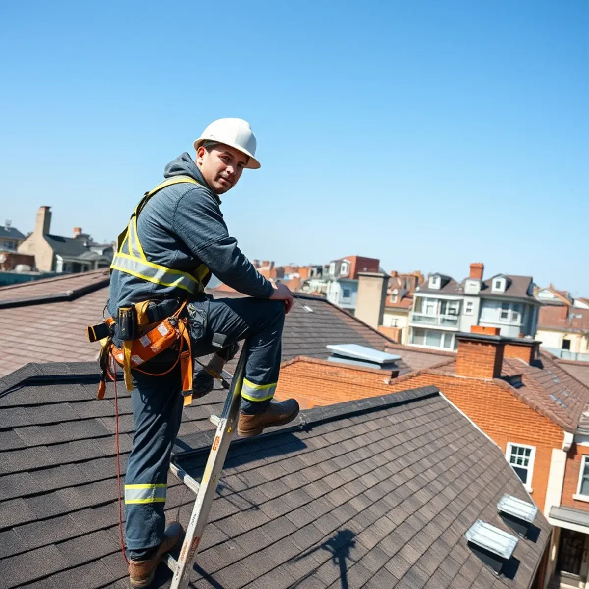Roofing contractor working on a home in Woodside, NY